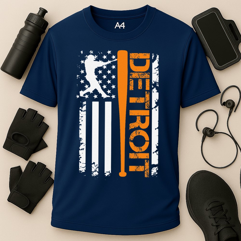 Vintage Detroit Baseball American Us Flag Cooling Performance Crew T-Shirt