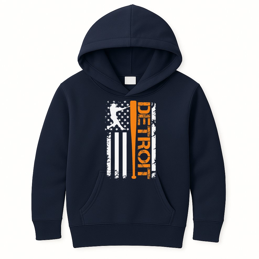 Vintage Detroit Baseball American Us Flag Kids Hoodie