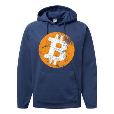 Vintage Distressed Bitcoin Logo Performance Fleece Hoodie