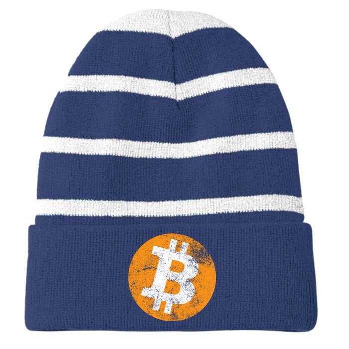 Vintage Distressed Bitcoin Logo Striped Beanie with Solid Band