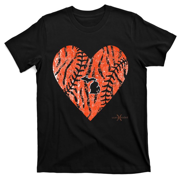 Vintage Detroit Baseball Heart with Tiger Stripes T-Shirt