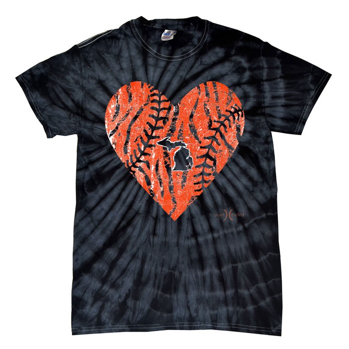 Vintage Detroit Baseball Heart with Tiger Stripes Tie-Dye T-Shirt