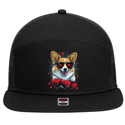 Valentines Day Corgi Heart Couples Love Corgi Dog Lovers 7 Panel Mesh Trucker Snapback Hat