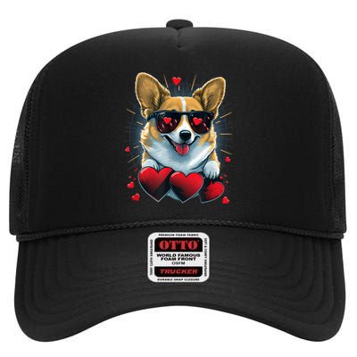 Valentines Day Corgi Heart Couples Love Corgi Dog Lovers High Crown Mesh Back Trucker Hat