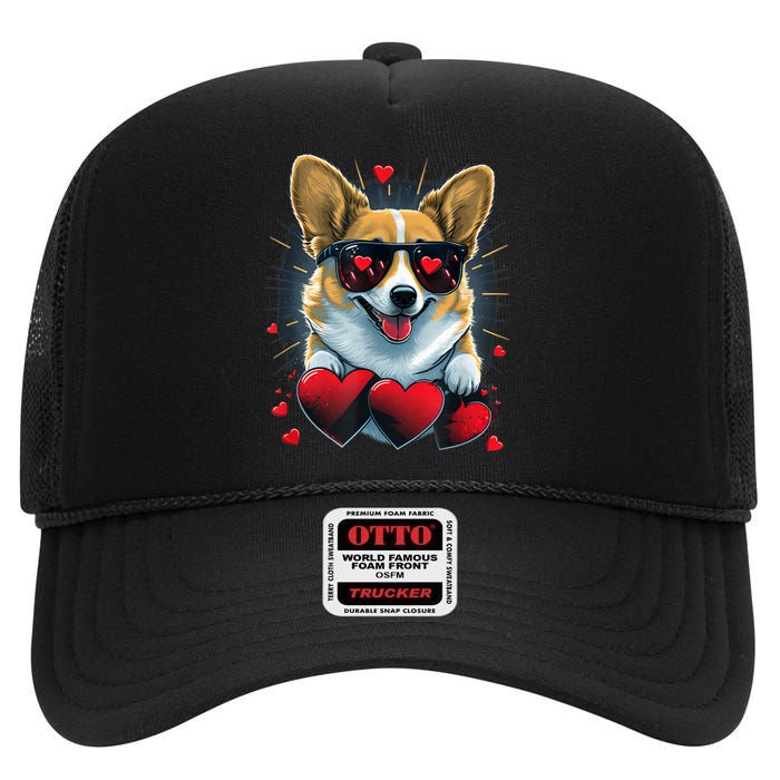 Valentines Day Corgi Heart Couples Love Corgi Dog Lovers High Crown Mesh Back Trucker Hat