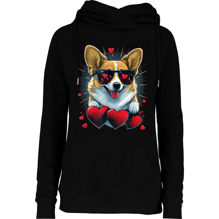 Valentines Day Corgi Heart Couples Love Corgi Dog Lovers Womens Funnel Neck Pullover Hood