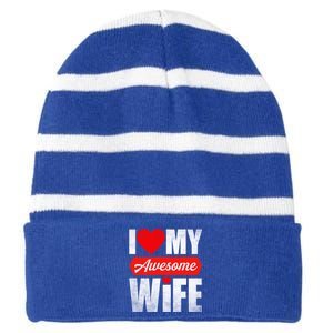 Valentines Day Couple I Love My Awesome Funny Wife Gift Striped Beanie with Solid Band