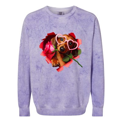 Valentines Day Cute Dachshund Dog Heart Glasses Lover Rose Gift Colorblast Crewneck Sweatshirt