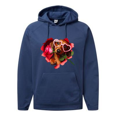 Valentines Day Cute Dachshund Dog Heart Glasses Lover Rose Gift Performance Fleece Hoodie