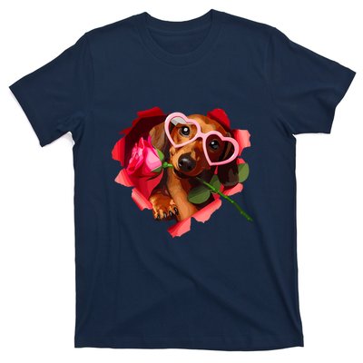 Valentines Day Cute Dachshund Dog Heart Glasses Lover Rose Gift T-Shirt