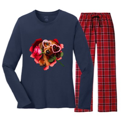 Valentines Day Cute Dachshund Dog Heart Glasses Lover Rose Gift Women's Long Sleeve Flannel Pajama Set 