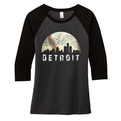 Vintage Detroit Cityscape Baseball Lover Women Women's Tri-Blend 3/4-Sleeve Raglan Shirt