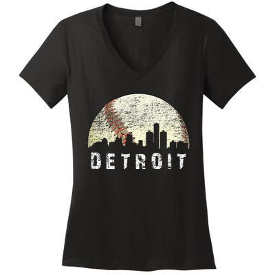 Vintage Detroit Cityscape Baseball Lover Women Women's V-Neck T-Shirt