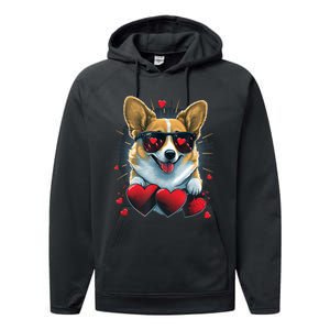 Valentines Day Corgi Heart Couples Love Corgi Dog Lovers Performance Fleece Hoodie