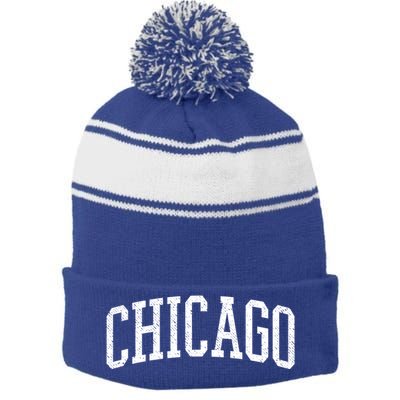 Varsity Distressed Chicago Stripe Pom Pom Beanie