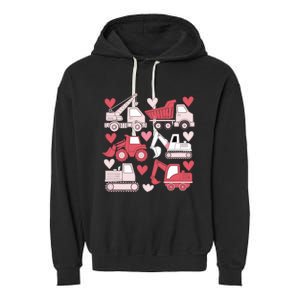 Valentines Day Construction Trucks Funny Boy Garment-Dyed Fleece Hoodie