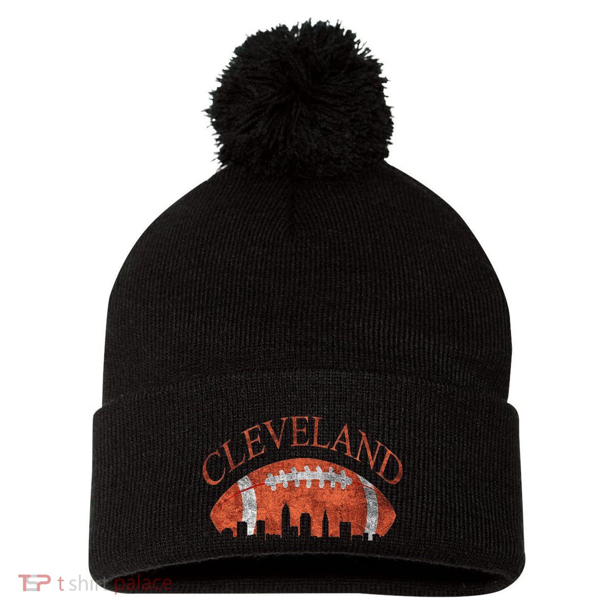 Vintage Downtown Cleveland Ohio Skyline Football Gift Pom Pom 12in Knit Beanie