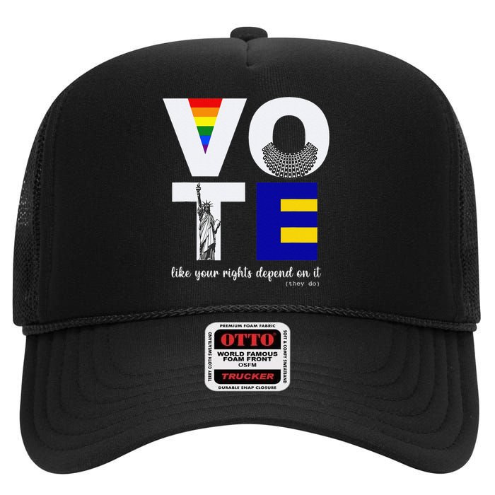 Vote Dissent Collar Statue of Liberty Pride Flag Equality High Crown Mesh Back Trucker Hat