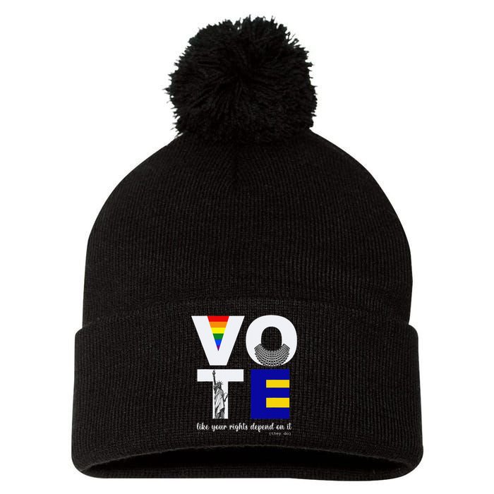 Vote Dissent Collar Statue of Liberty Pride Flag Equality Pom Pom 12in Knit Beanie