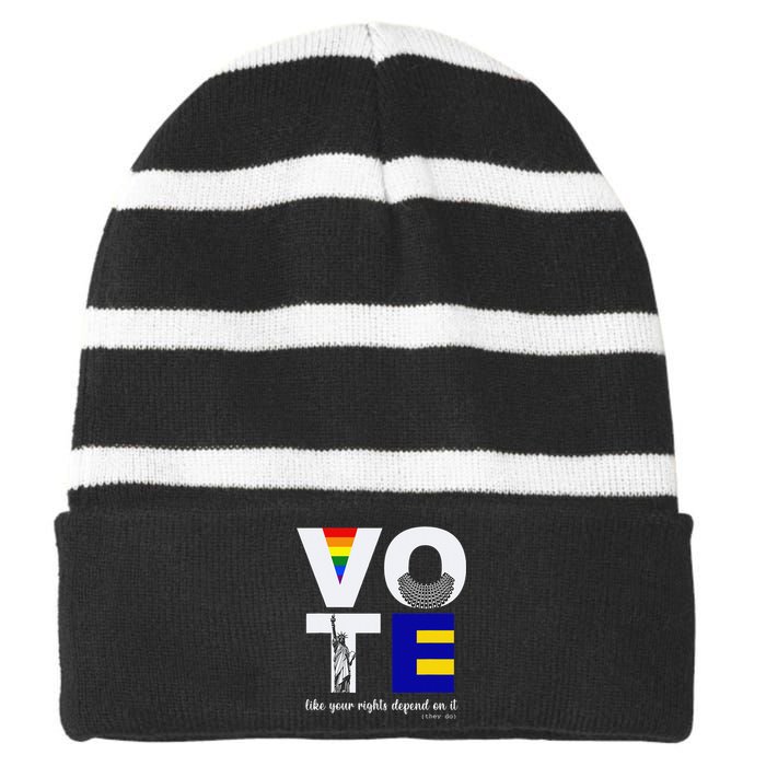 Vote Dissent Collar Statue of Liberty Pride Flag Equality Striped Beanie with Solid Band