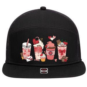 Valentines Day Coffee Cups Latte Iced Cream Cute Hearts 7 Panel Mesh Trucker Snapback Hat