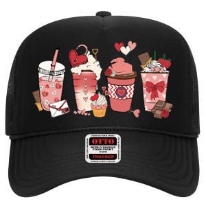 Valentines Day Coffee Cups Latte Iced Cream Cute Hearts High Crown Mesh Back Trucker Hat