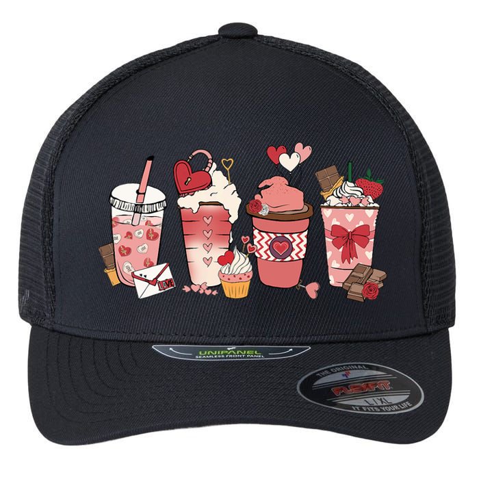 Valentines Day Coffee Cups Latte Iced Cream Cute Hearts Flexfit Unipanel Trucker Cap