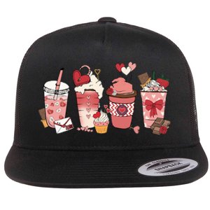 Valentines Day Coffee Cups Latte Iced Cream Cute Hearts Flat Bill Trucker Hat