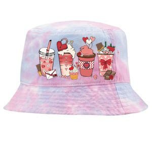 Valentines Day Coffee Cups Latte Iced Cream Cute Hearts Tie-Dyed Bucket Hat