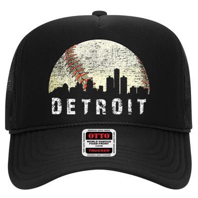 Vintage Detroit Cityscape Baseball Lover Men Women Kids High Crown Mesh Back Trucker Hat