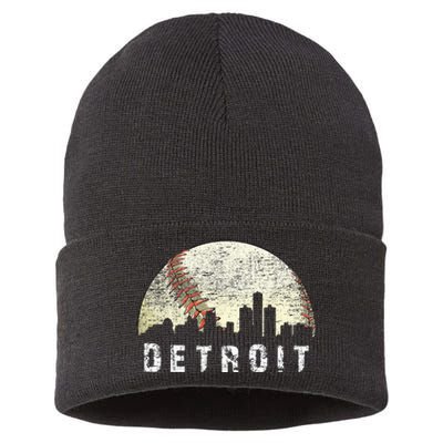 Vintage Detroit Cityscape Baseball Lover Men Women Kids Sustainable Knit Beanie