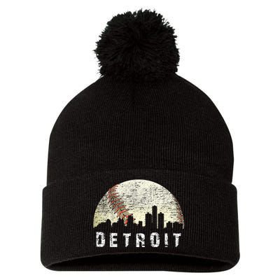 Vintage Detroit Cityscape Baseball Lover Men Women Kids Pom Pom 12in Knit Beanie