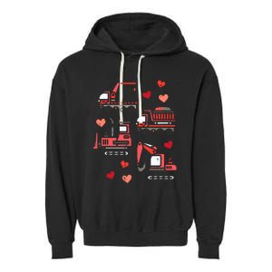 Valentines Day Construction Trucks Funny Garment-Dyed Fleece Hoodie