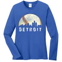 Vintage Detroit Cityscape Baseball Lover Ladies Long Sleeve Shirt