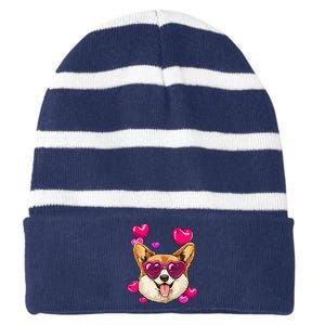 Valentines Day Corgi Heart Couples Love Day Corgi Dog Lover Striped Beanie with Solid Band