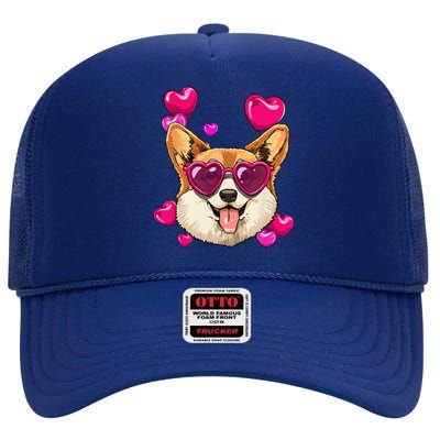 Valentines Day Corgi Heart Couples Love Day Corgi Dog Lover High Crown Mesh Back Trucker Hat