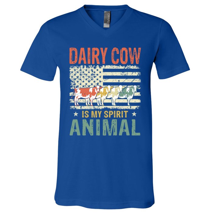 Vintage Dairy Cow Spirit Animal Lover Retro Us American Flag Meaningful Gift V-Neck T-Shirt