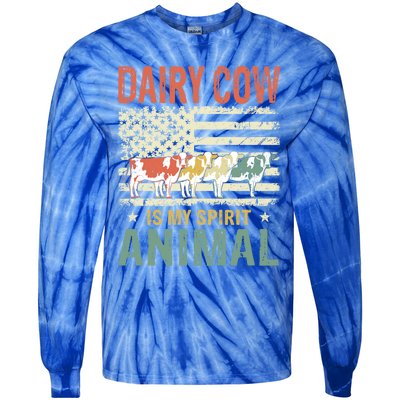 Vintage Dairy Cow Spirit Animal Lover Retro Us American Flag Meaningful Gift Tie-Dye Long Sleeve Shirt