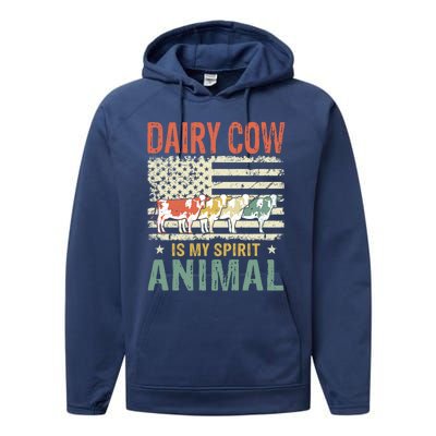 Vintage Dairy Cow Spirit Animal Lover Retro Us American Flag Meaningful Gift Performance Fleece Hoodie