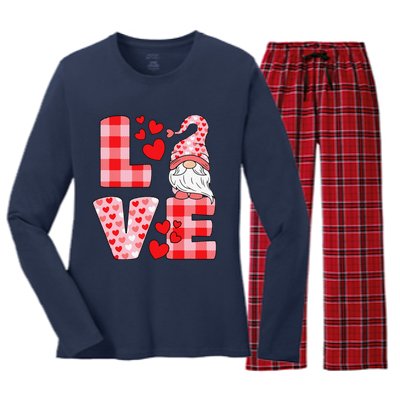 Valentines Day Cute Love Heart Gnome Pink Buffalo Plaid Women's Long Sleeve Flannel Pajama Set 