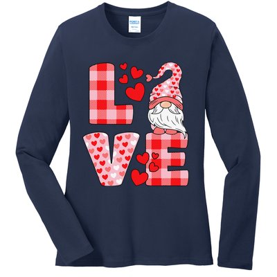 Valentines Day Cute Love Heart Gnome Pink Buffalo Plaid Ladies Long Sleeve Shirt