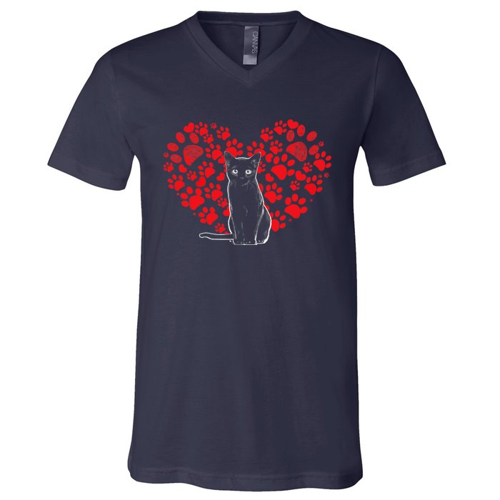 Valentines Day Cat Lover Heart Paw Gifts Cat Dad Mom V-Neck T-Shirt