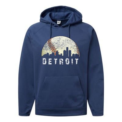 Vintage Detroit Cityscape Baseball Lover Performance Fleece Hoodie