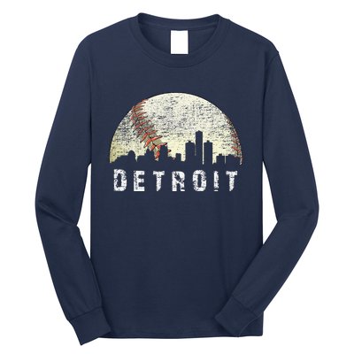 Vintage Detroit Cityscape Baseball Lover Long Sleeve Shirt