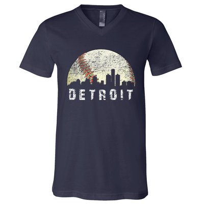 Vintage Detroit Cityscape Baseball Lover V-Neck T-Shirt