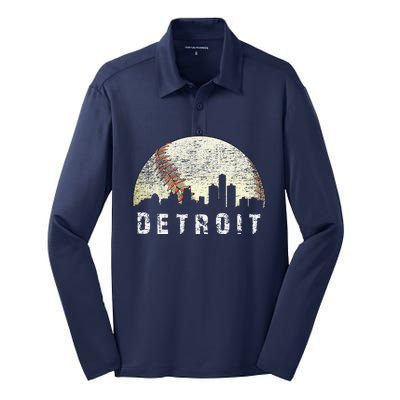 Vintage Detroit Cityscape Baseball Lover Silk Touch Performance Long Sleeve Polo