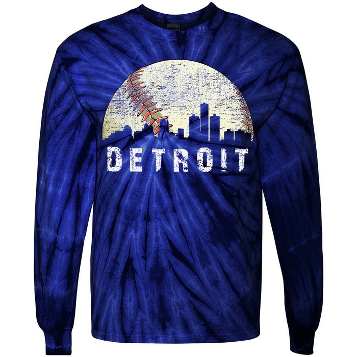 Vintage Detroit Cityscape Baseball Lover Tie-Dye Long Sleeve Shirt