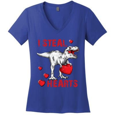 Valentines Day Dinosaur I Steal Hearts Great Gift Women's V-Neck T-Shirt