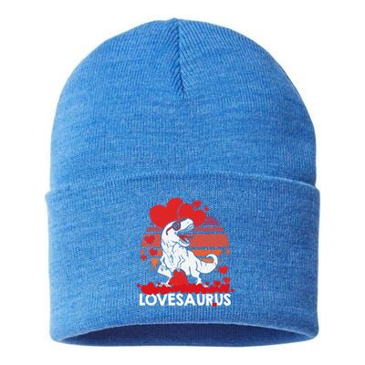 Valentines Day Dinosaur Lovesaurus Hearts Teens Funny Gift Sustainable Knit Beanie