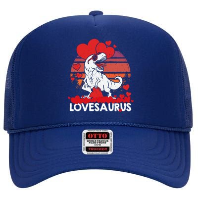 Valentines Day Dinosaur Lovesaurus Hearts Teens Funny Gift High Crown Mesh Back Trucker Hat